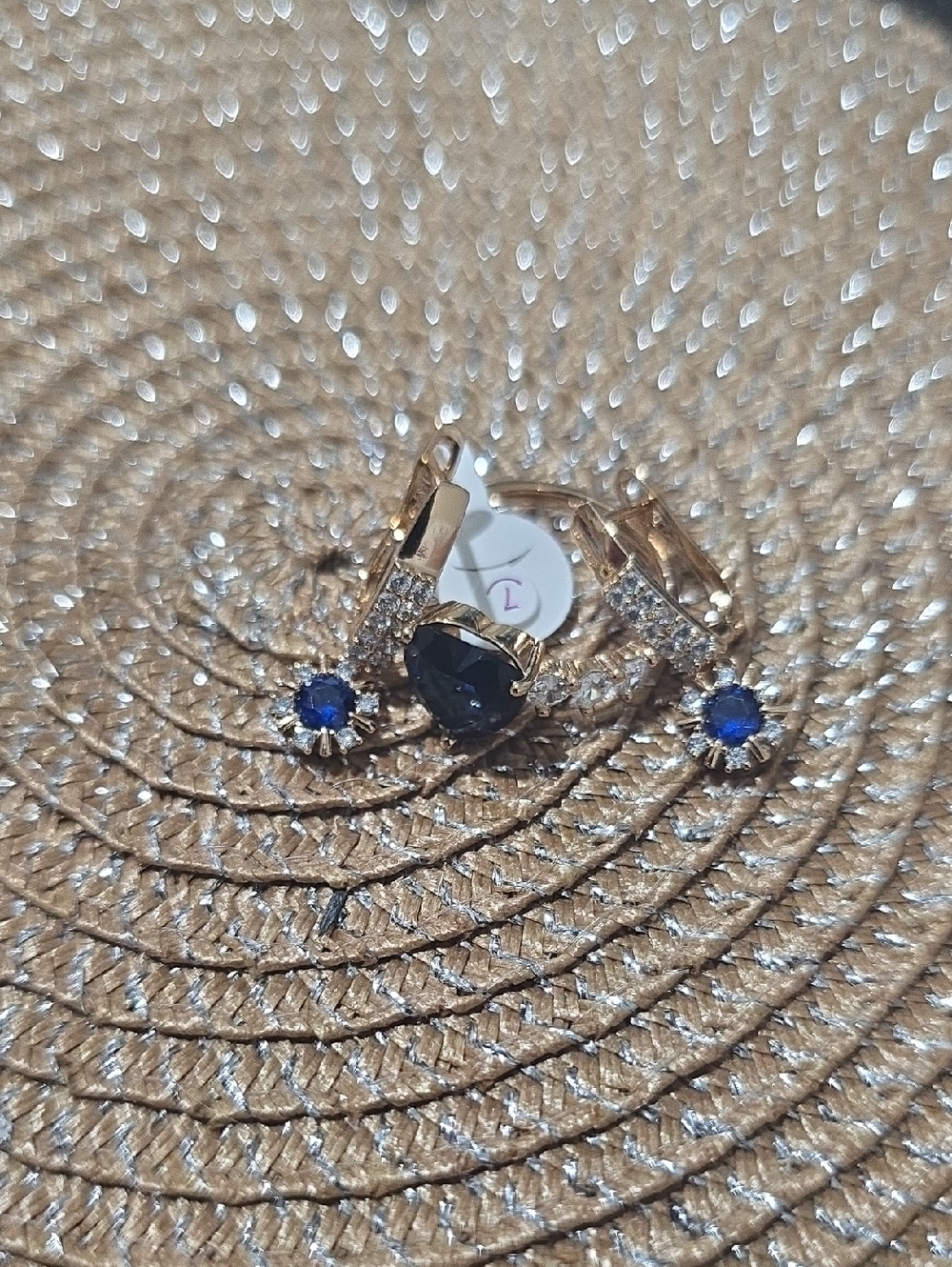 Gold Tone Women's Ring and Earrings Set with Blue Stones